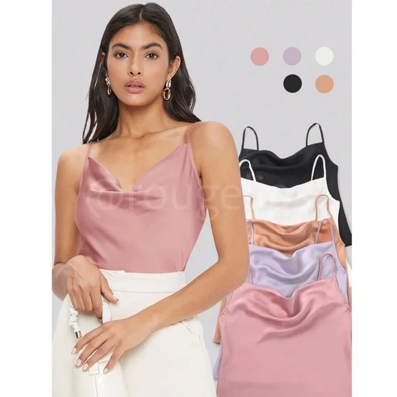 Pink Glamorous Cowl Neck Spaghetti Straps Camisole Top Cami, Draped - Picture 8 of 9